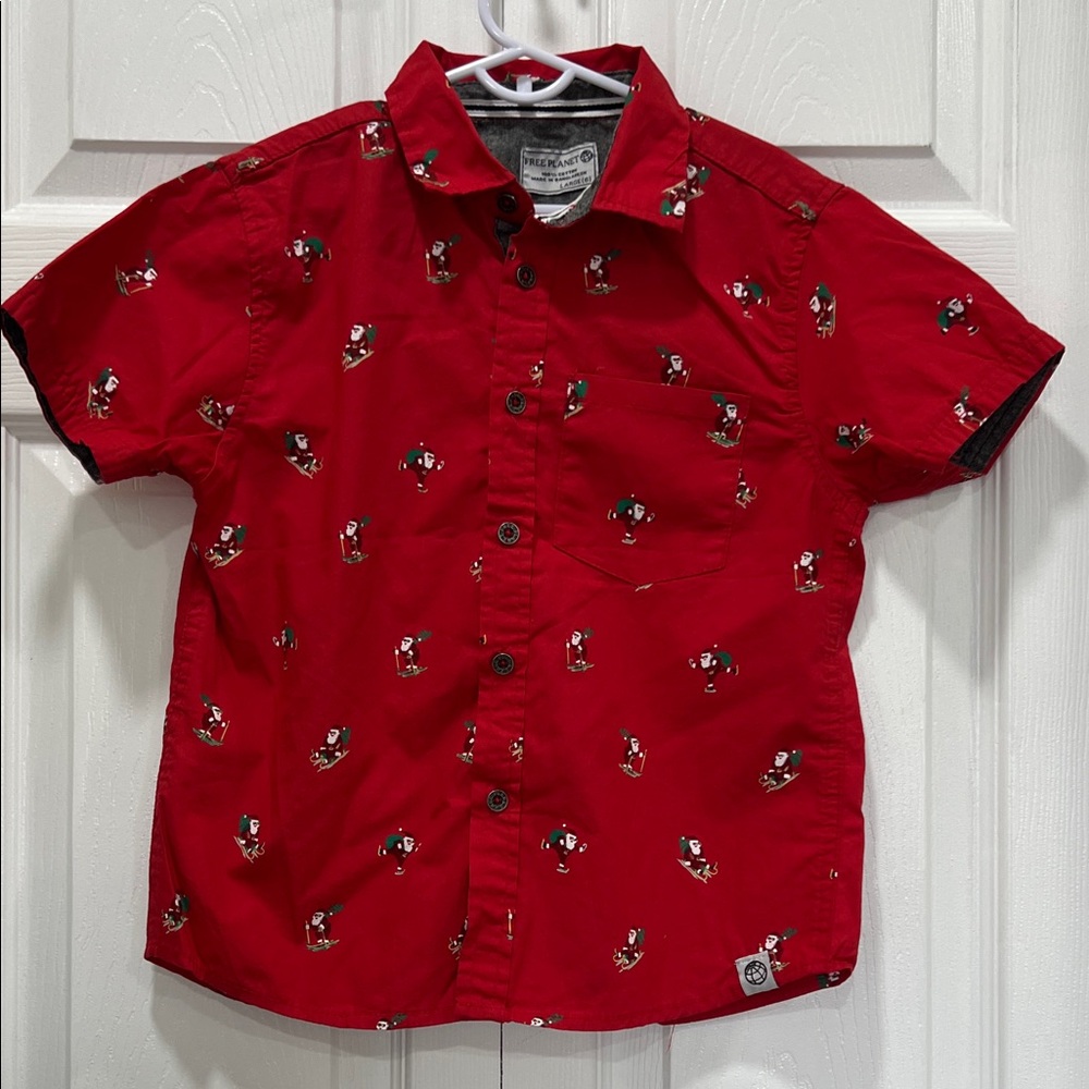 Free Planet Red Kids Button Down Shirt with Santa claus Print